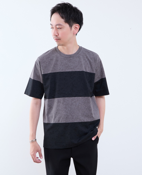 ムラプリントブロッキングボーダーTシャツ 詳細画像 チャコールグレー 1