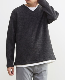 【MASTER FRAME/マスターフレーム】裏起毛ワッフルフェイクレイヤード 長袖ＶネックTシャツ