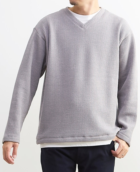 【MASTER FRAME/マスターフレーム】裏起毛ワッフルフェイクレイヤード 長袖ＶネックTシャツ 詳細画像 ライトグレー 1