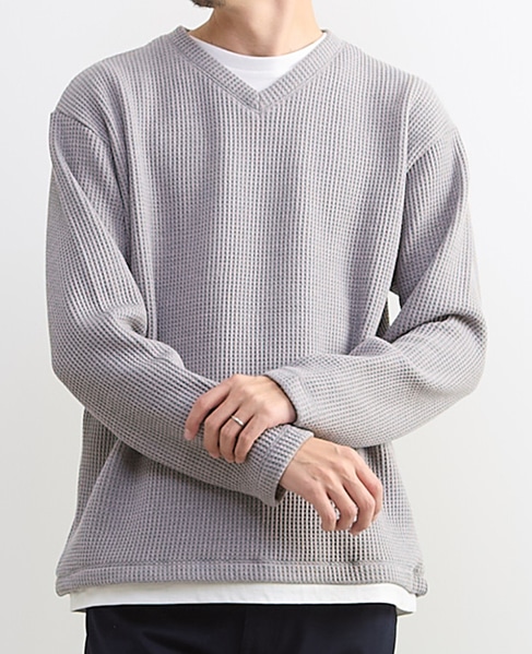【MASTER FRAME/マスターフレーム】裏起毛ワッフルフェイクレイヤード 長袖ＶネックTシャツ 詳細画像 ライトグレー 12