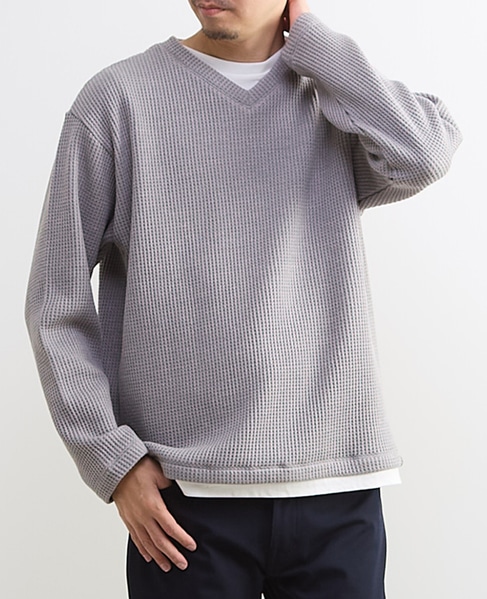 【MASTER FRAME/マスターフレーム】裏起毛ワッフルフェイクレイヤード 長袖ＶネックTシャツ 詳細画像 ライトグレー 13