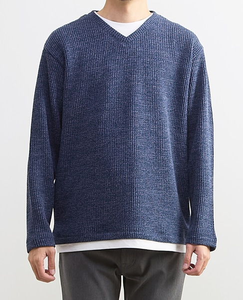 【MASTER FRAME/マスターフレーム】裏起毛ワッフルフェイクレイヤード 長袖ＶネックTシャツ 詳細画像 ライトグレー 2