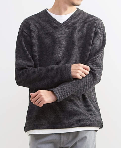 【MASTER FRAME/マスターフレーム】裏起毛ワッフルフェイクレイヤード 長袖ＶネックTシャツ 詳細画像 ライトグレー 24