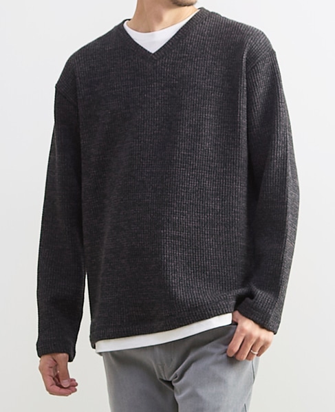 【MASTER FRAME/マスターフレーム】裏起毛ワッフルフェイクレイヤード 長袖ＶネックTシャツ 詳細画像 ライトグレー 25