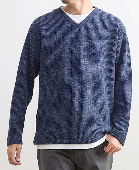 【MASTER FRAME/マスターフレーム】裏起毛ワッフルフェイクレイヤード 長袖ＶネックTシャツ 詳細画像 ブルー 1