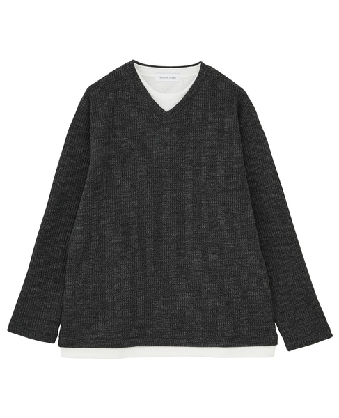 【MASTER FRAME/マスターフレーム】裏起毛ワッフルフェイクレイヤード 長袖ＶネックTシャツ 詳細画像 ブラック 2
