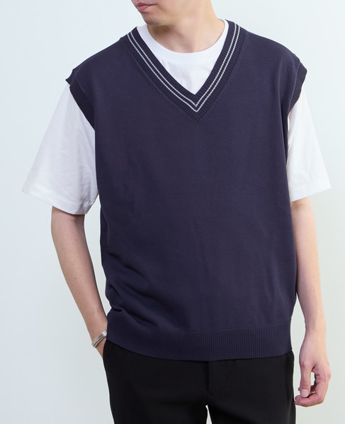 【MASTER FRAME/マスターフレーム】チルデンニットベスト×Tシャツ 詳細画像 ネイビー 1