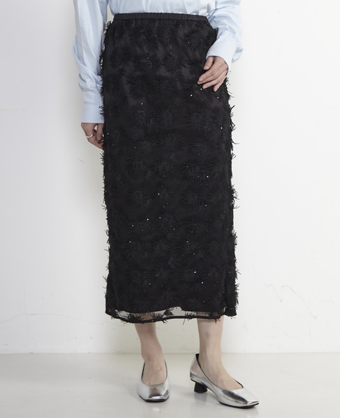 チュール刺繍Iラインスカート 詳細画像 ブラック 5