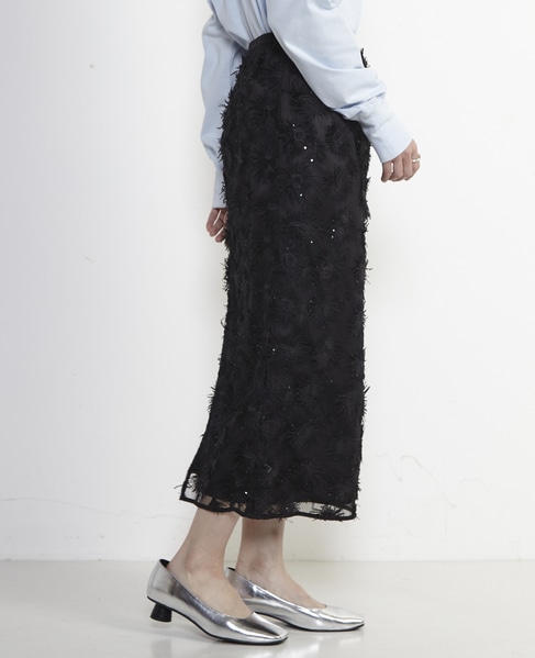 チュール刺繍Iラインスカート 詳細画像 ブラック 7