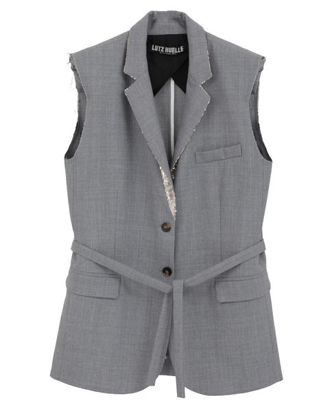 【LUTZ HUELLE/ルッツヒュエル】ベルト付きカットオフ・テーラードロングベスト 詳細画像 グレー 1