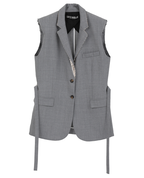 【LUTZ HUELLE/ルッツヒュエル】ベルト付きカットオフ・テーラードロングベスト 詳細画像 グレー 11