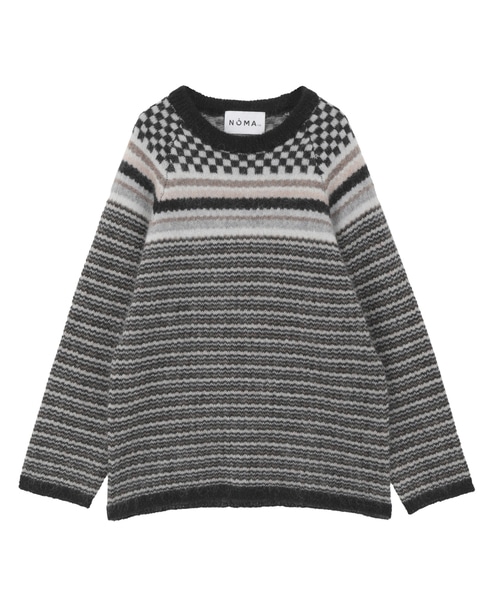 【NOMA t.d./ノーマティーディー】Checker And Striped Sweater 詳細画像 グレー 1