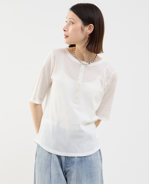 コットンチュールヘンリーネック5分袖Tシャツ 詳細画像 ホワイト 1