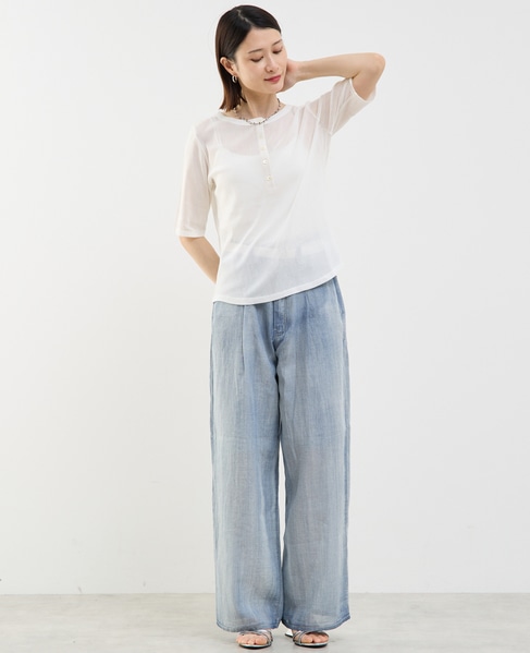 コットンチュールヘンリーネック5分袖Tシャツ 詳細画像 ホワイト 4