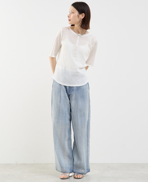 コットンチュールヘンリーネック5分袖Tシャツ 詳細画像 ホワイト 5