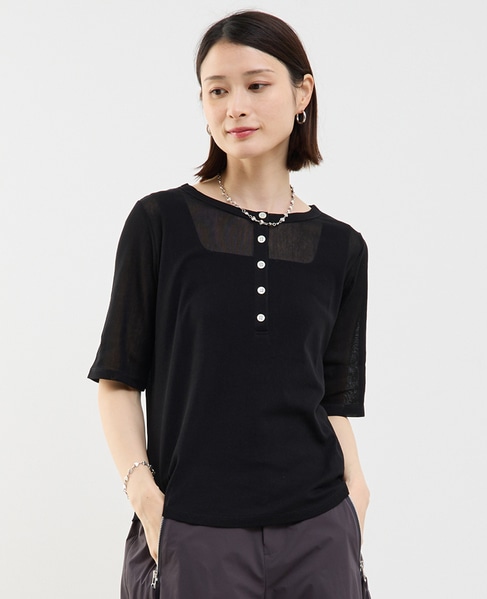 コットンチュールヘンリーネック5分袖Tシャツ 詳細画像 ブラック 1