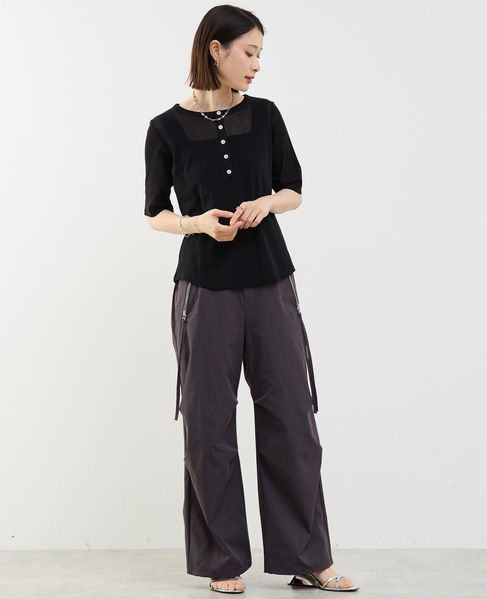 コットンチュールヘンリーネック5分袖Tシャツ 詳細画像 ブラック 10