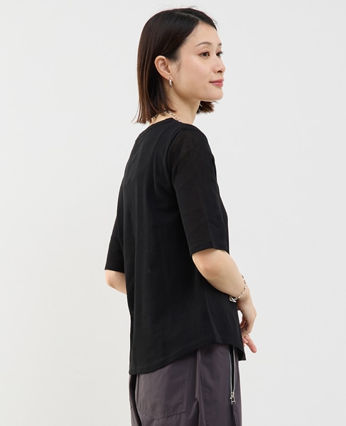 コットンチュールヘンリーネック5分袖Tシャツ 詳細画像 ブラック 2