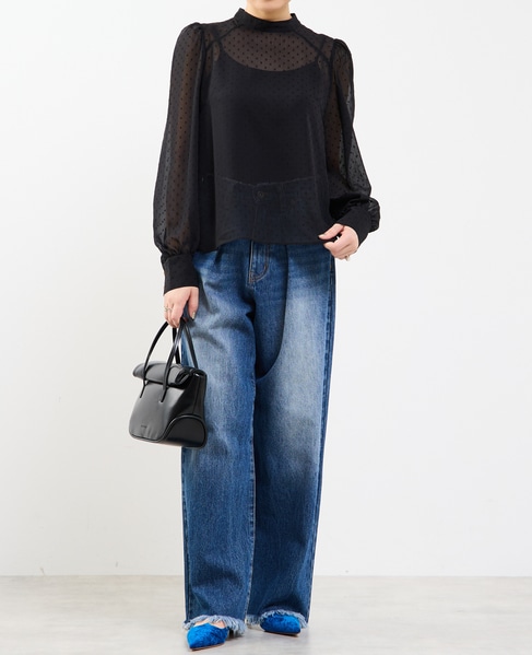 カットジャカードシアーパフスリーブブラウス 詳細画像 ブラック 1