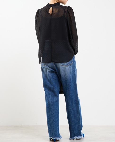 カットジャカードシアーパフスリーブブラウス 詳細画像 ブラック 2