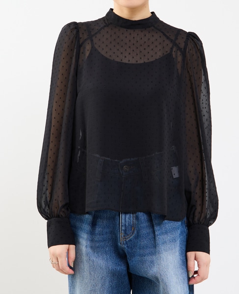 カットジャカードシアーパフスリーブブラウス 詳細画像 ブラック 3