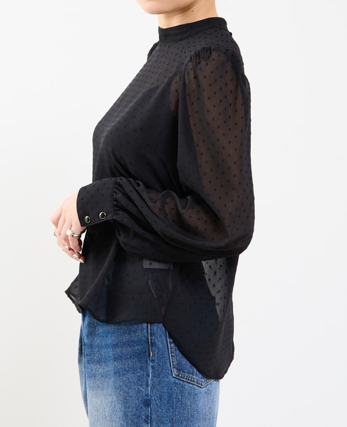 カットジャカードシアーパフスリーブブラウス 詳細画像 ブラック 4