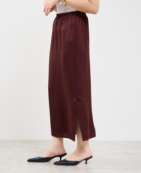 【定番】ウエストオールゴムストレッチサテンタイトスカート 詳細画像 ボルドー 3