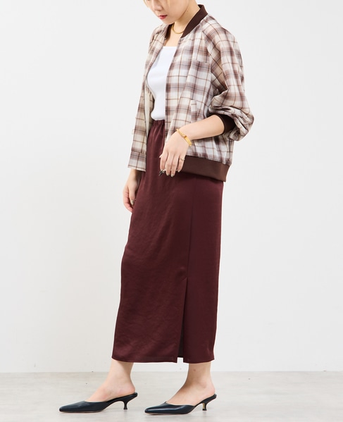 【定番】ウエストオールゴムストレッチサテンタイトスカート 詳細画像 ボルドー 7