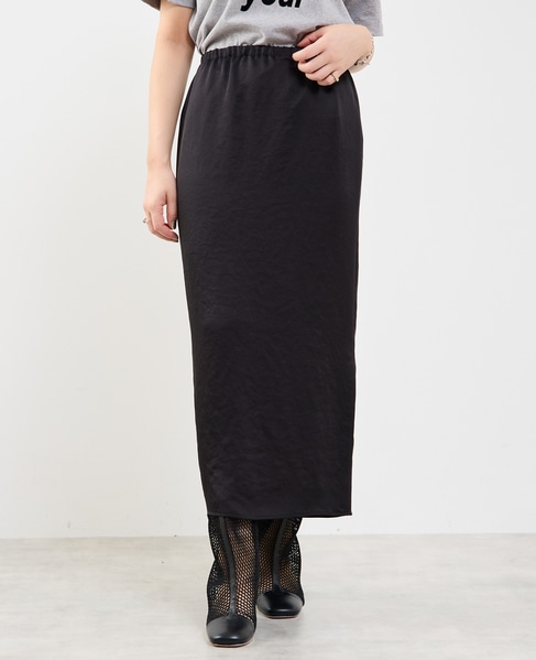 【定番】ウエストオールゴムストレッチサテンタイトスカート 詳細画像 ブラック 1