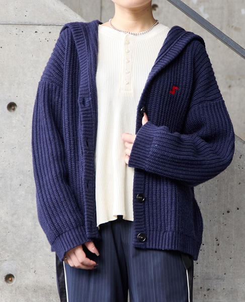 フード付きニットカーディガン 詳細画像 ネイビー 1