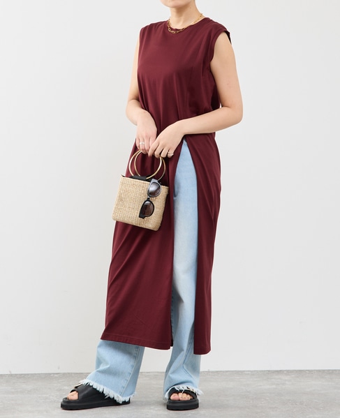 ノースリーブ深スリットカットソーワンピース 詳細画像 ボルドー 1