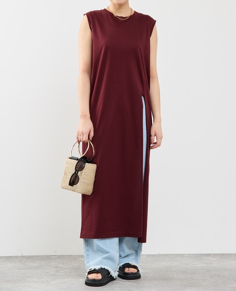 ノースリーブ深スリットカットソーワンピース 詳細画像 ボルドー 2