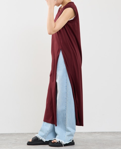 ノースリーブ深スリットカットソーワンピース 詳細画像 ボルドー 3