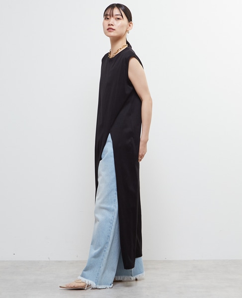 ノースリーブ深スリットカットソーワンピース 詳細画像 ブラック 3