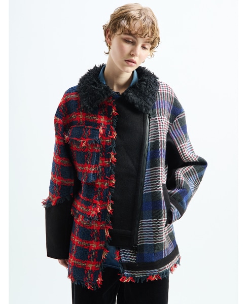 《別注》【AULA AILA/アウラ アイラ】CHECK COMBINATION BLOUSON 詳細画像 ブラック×レッド 4