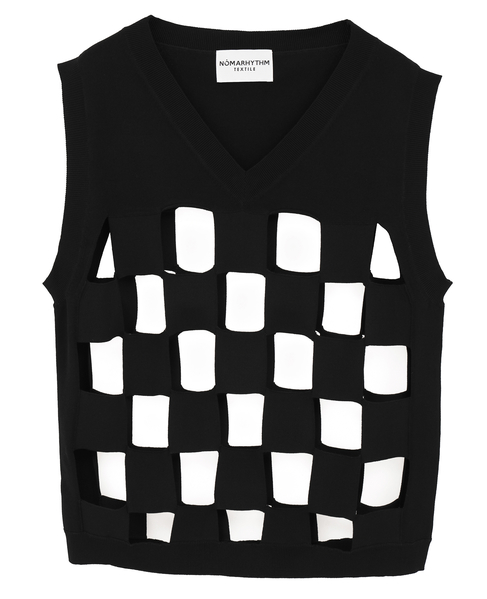 【NOMARHYTHM TEXTILE/ノーマリズムテキスタイル】カットアウトチェッカーニットベスト 詳細画像 ブラック 1