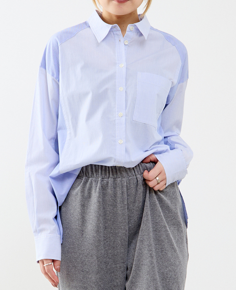 コットン先染めストライプMIXシャツ 詳細画像 ブルー 1