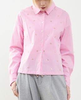 ビジュー付裾ドローストリングブラウス