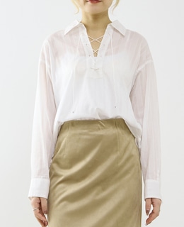 オーガニックコットンレースアップストライプブラウス