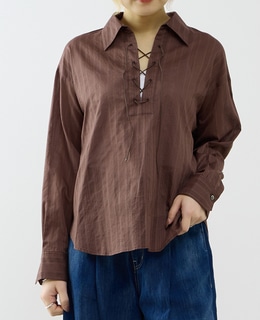 オーガニックコットンレースアップストライプブラウス