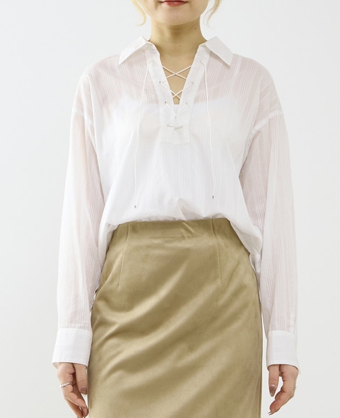 オーガニックコットンレースアップストライプブラウス 詳細画像 ホワイト 1