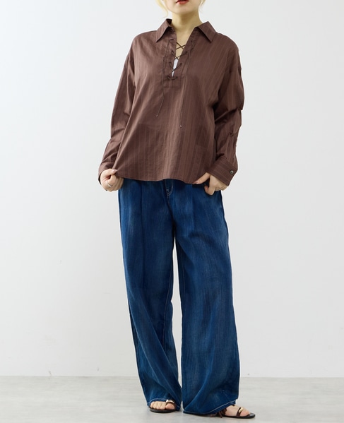 オーガニックコットンレースアップストライプブラウス 詳細画像 ブラウン 4