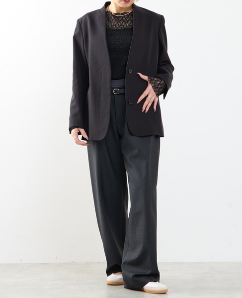 【A_/エース】リネン混ノーカラージャケット 詳細画像 ブラック 5