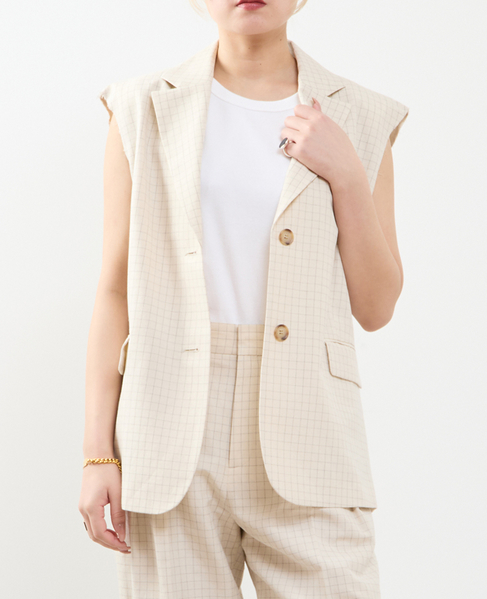 【A_ /エース】カットオフデザイン ノーカラースリーブレスジャケット 詳細画像 ベージュ系その他 1