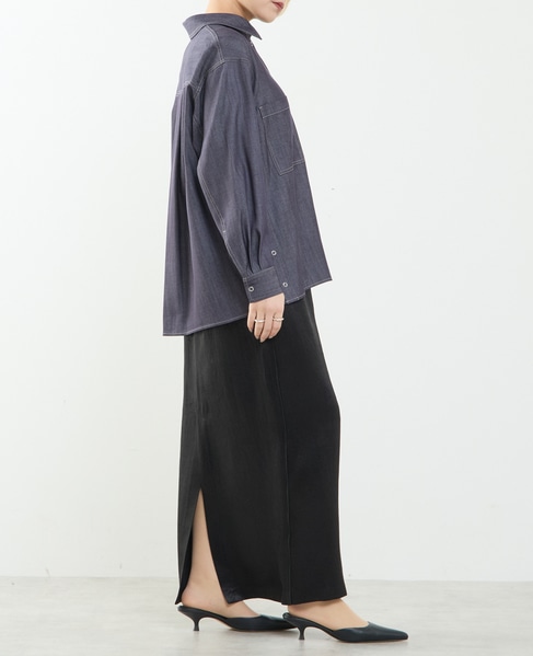 上品な光沢感のIラインスカート 詳細画像 ブラック 7