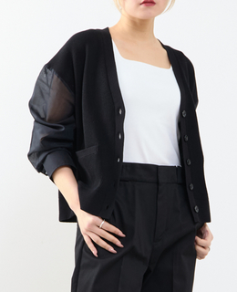 袖布帛ニットカーディガン