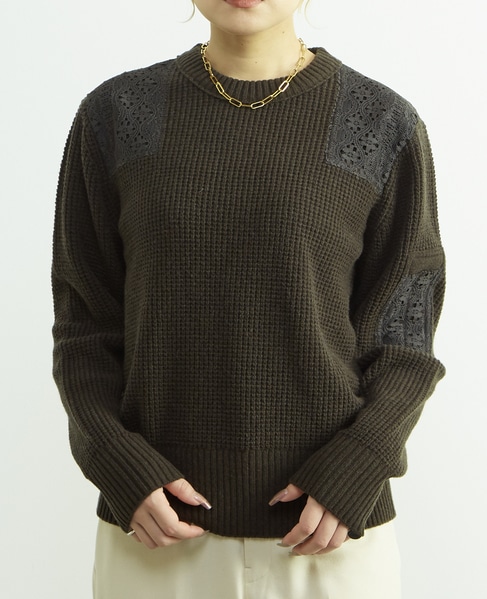 レースパッチ付きワッフルニット 詳細画像 カーキ 1