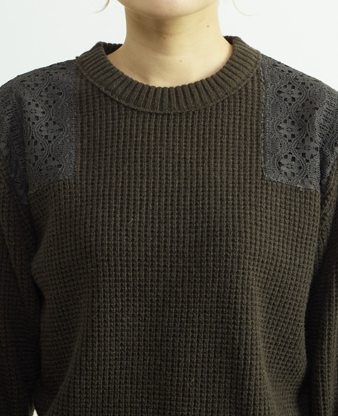 レースパッチ付きワッフルニット 詳細画像 カーキ 11
