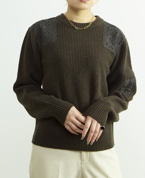 レースパッチ付きワッフルニット 詳細画像 カーキ 2