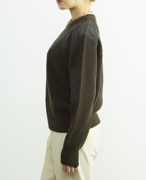 レースパッチ付きワッフルニット 詳細画像 カーキ 3